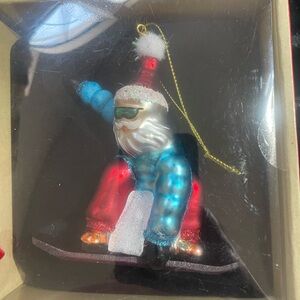 Snowboarding Santa Glass Ornament, New in Box